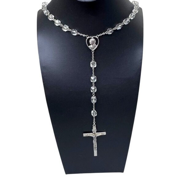 Vintage Crystal Religious INRI Rosary Necklace With Crucifix & Heart Centerpiece - Picture 1 of 7